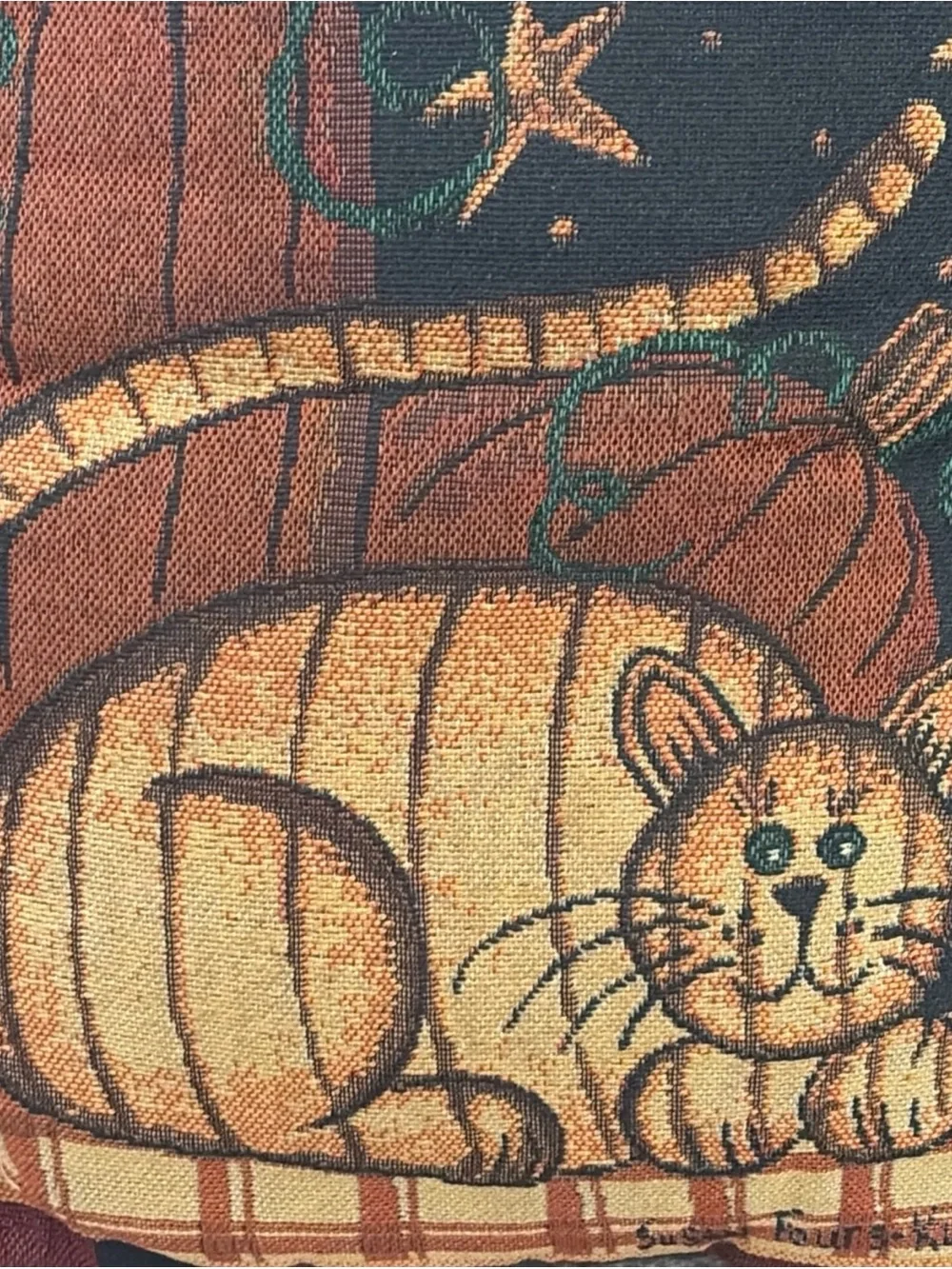 Susan Fouts-Kline Fall Harvest Tapestry Pillow cat,pumpkins & Stars 14
